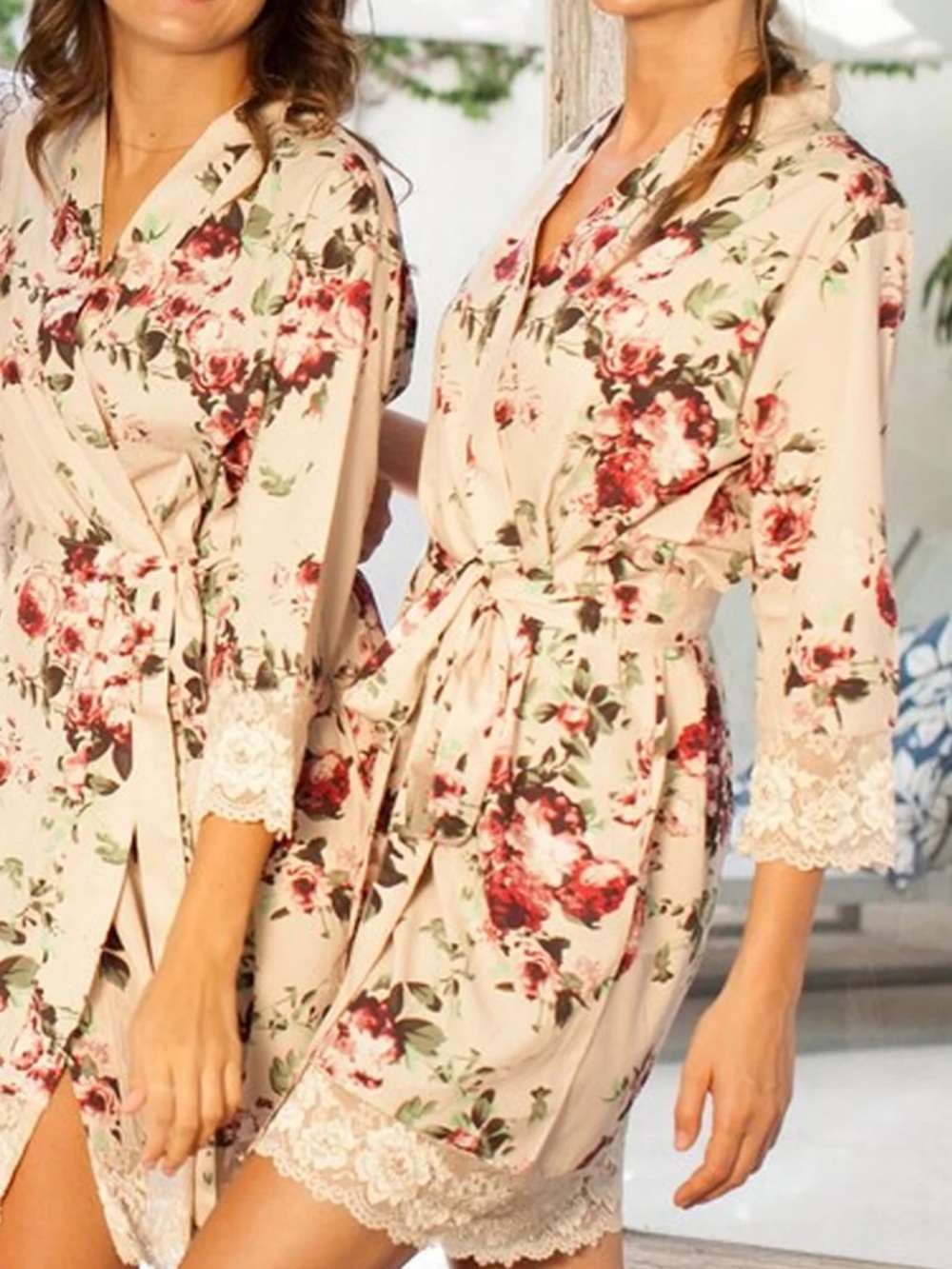 Floral Lace Robe Bridesmaid Getting Ready Boho Kimono Wrap Beige Roses POCKET - Picture 3 of 14